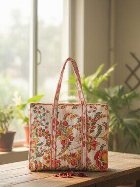 Reusable Quilted Cotton Tote Bag – Hand Screen-Printed Floral Design Red